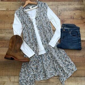 Fringe Knit Open Vest, Blues, Brown + Creamy White